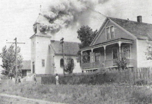 Burning church, front view, 1915