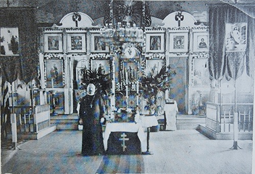 Interior original wooden church of the Holy Dormition in Benld