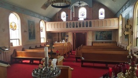 Interior view towards back of Holy Dormition Orthodox Church in Benld
